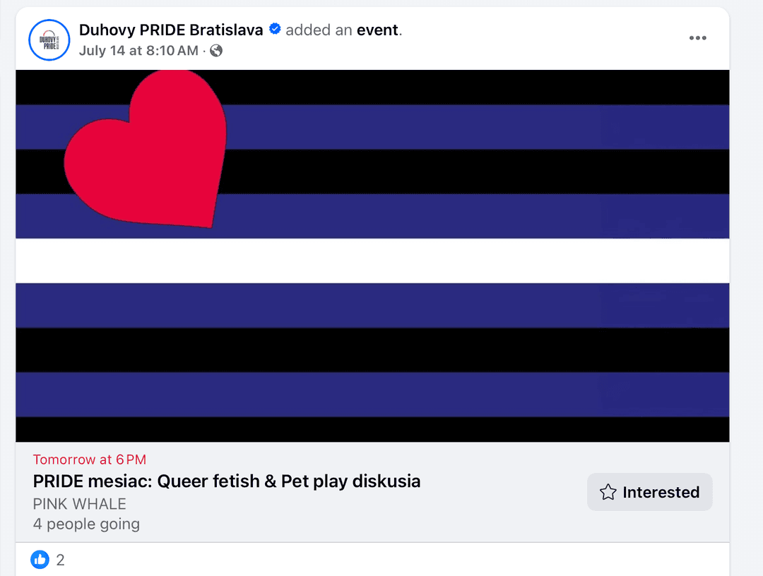 Udalosť na Facebooku Dúhového Pridu Bratislava. Na fotke vidno fetišistickú vlajku. Zdroj: reprofoto Facebook