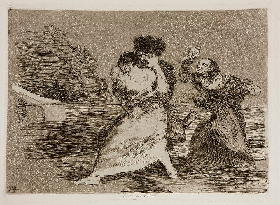 Francisco Goya: Hrôzy vojny. Obrázok 9: No quieren (Nechcú). Obraz azchytáva staršiu španielsku ženu, ktorá bráni nožom mladú Španielku, ktorú sexuálne napáda francúzsky vojak. Foto: Wikpedia