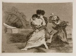 Francisco Goya: Hrôzy vojny. Obrázok 9: No quieren (Nechcú). Obraz zachytáva staršiu španielsku ženu, ktorá bráni nožom mladú Španielku, ktorú sexuálne napáda francúzsky vojak. Foto: Wikpedia