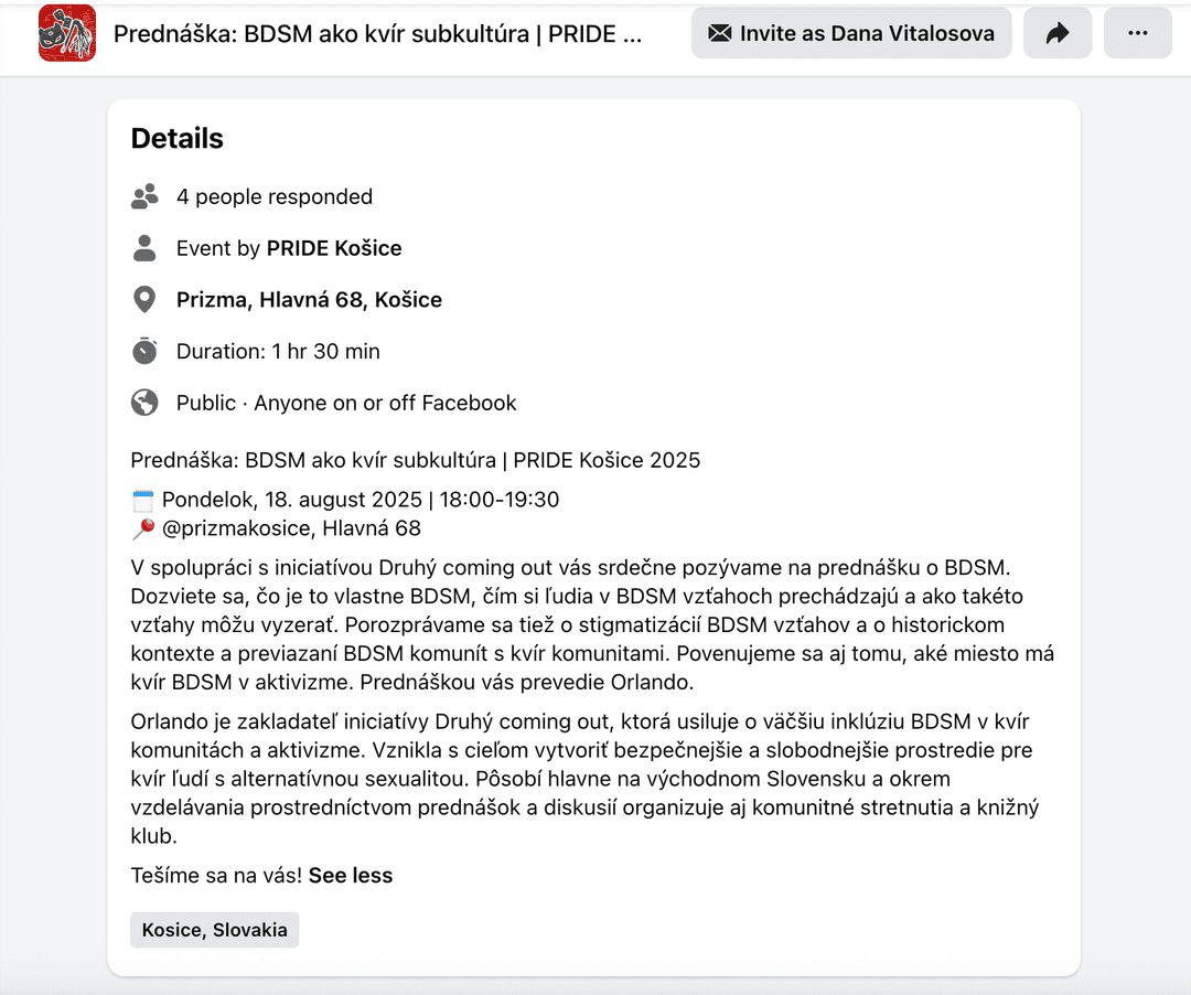 Podujatie "BDSM ako kvír subkultúra" na Facebooku. Žiaden vekový limit. Reprofoto Facebook