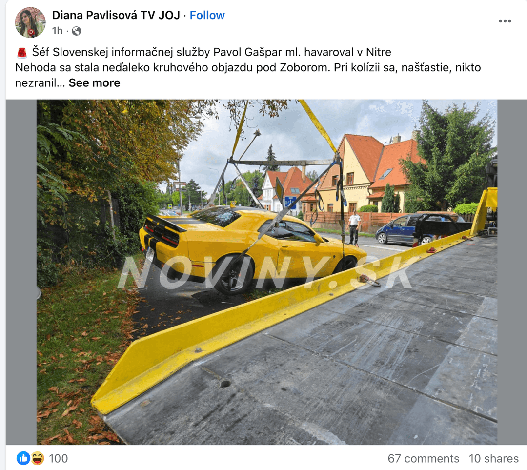 Screenshot príspevku na Facebooku, ktorý zobrazuje auto Pavla Gašpara. Reprofoto Marker