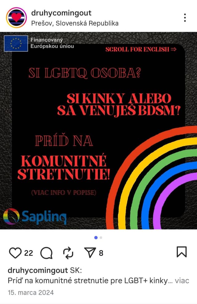 Príspevok na Instagrame projektu Druhý coming out, uverejnený 15. marca 2024, s logom neziskovky Saplinq. Reprofoto Instagram