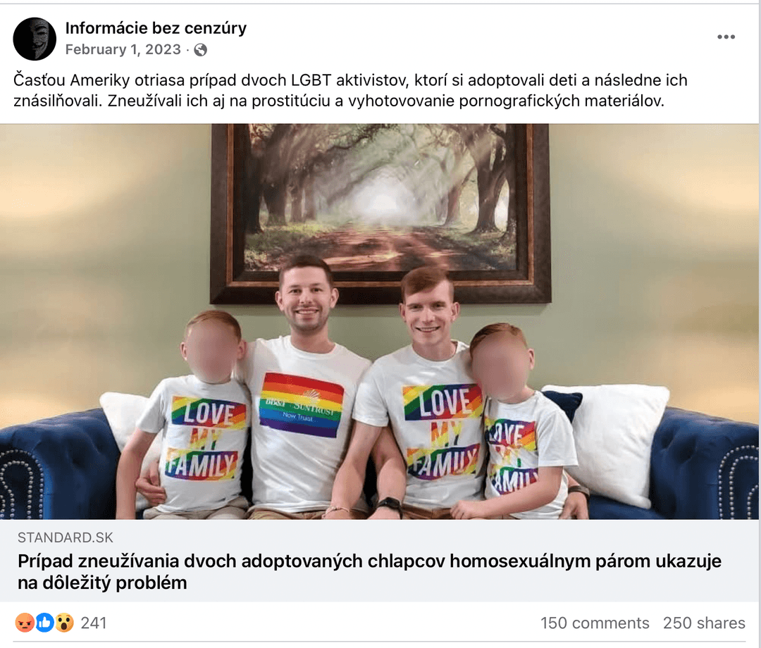 Stránka Informácie bez cenzúry, ktorá odkazuje na článok portálu Standard.sk. Príspevok nahlásila v júni 2023 RpMS. Reprofoto Marker