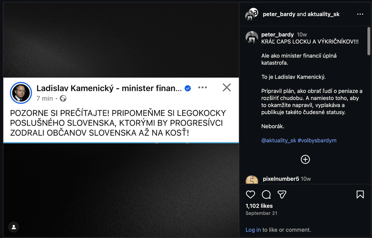 Príspevok Petra Bárdyho na Instagrame zo septembra 2025. Reprofoto Marker