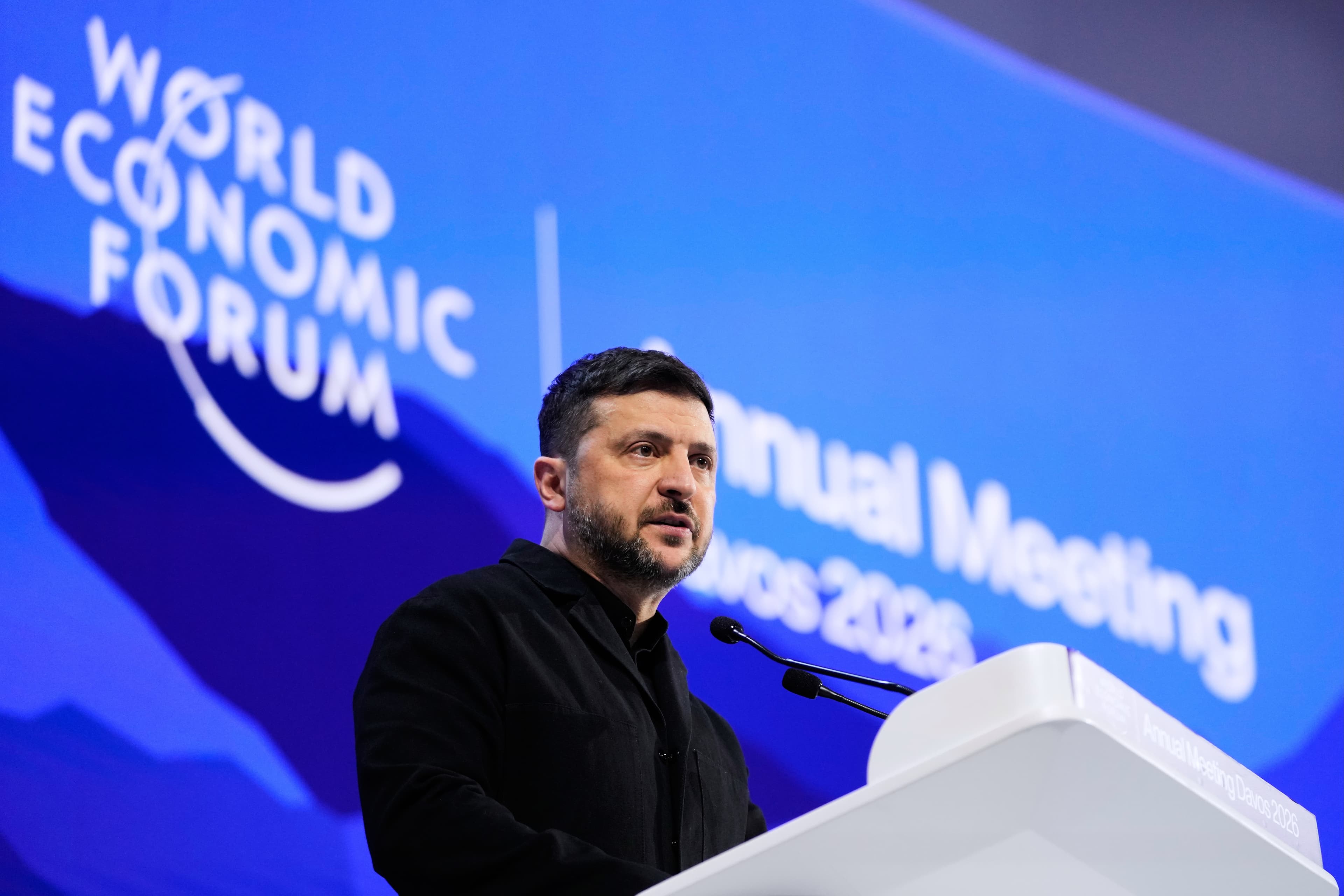 Volodymyr Zelenskyj rozpráva počas Svetového ekonomického fóra v Davose. Foto: TASR/AP