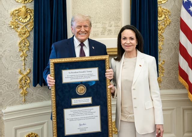 Donald Trump a María Corina Machadová s Nobelovou cenou za mier. Foto Handout / GETTY IMAGES NORTH AMERICA / Getty Images via AFP / Profimedia