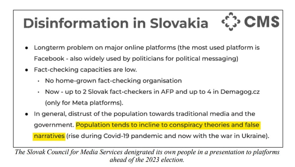 Ukážka z údajnej prezentácie RPmS hovorí, že Slováci majú tendenciu veriť konšpiračným teóriám. Zdroj: House.gov