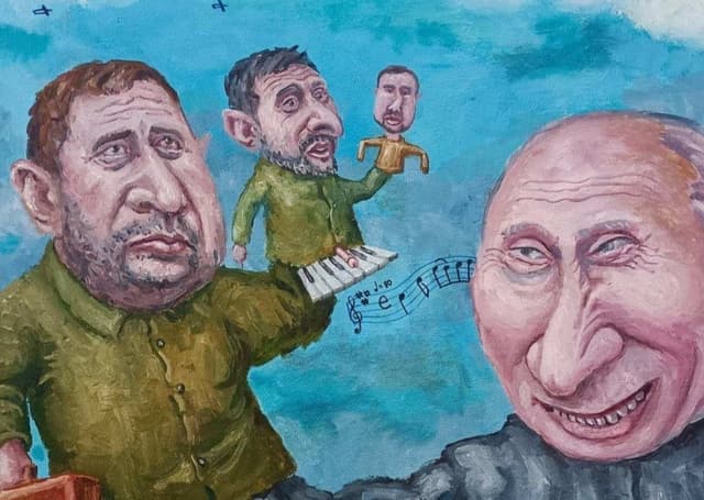 Satirická kresba Vladimira Putina, Andrija Jermaka a Volodymyra Zelenského. Zdroj: Semion Skrepeckij/X