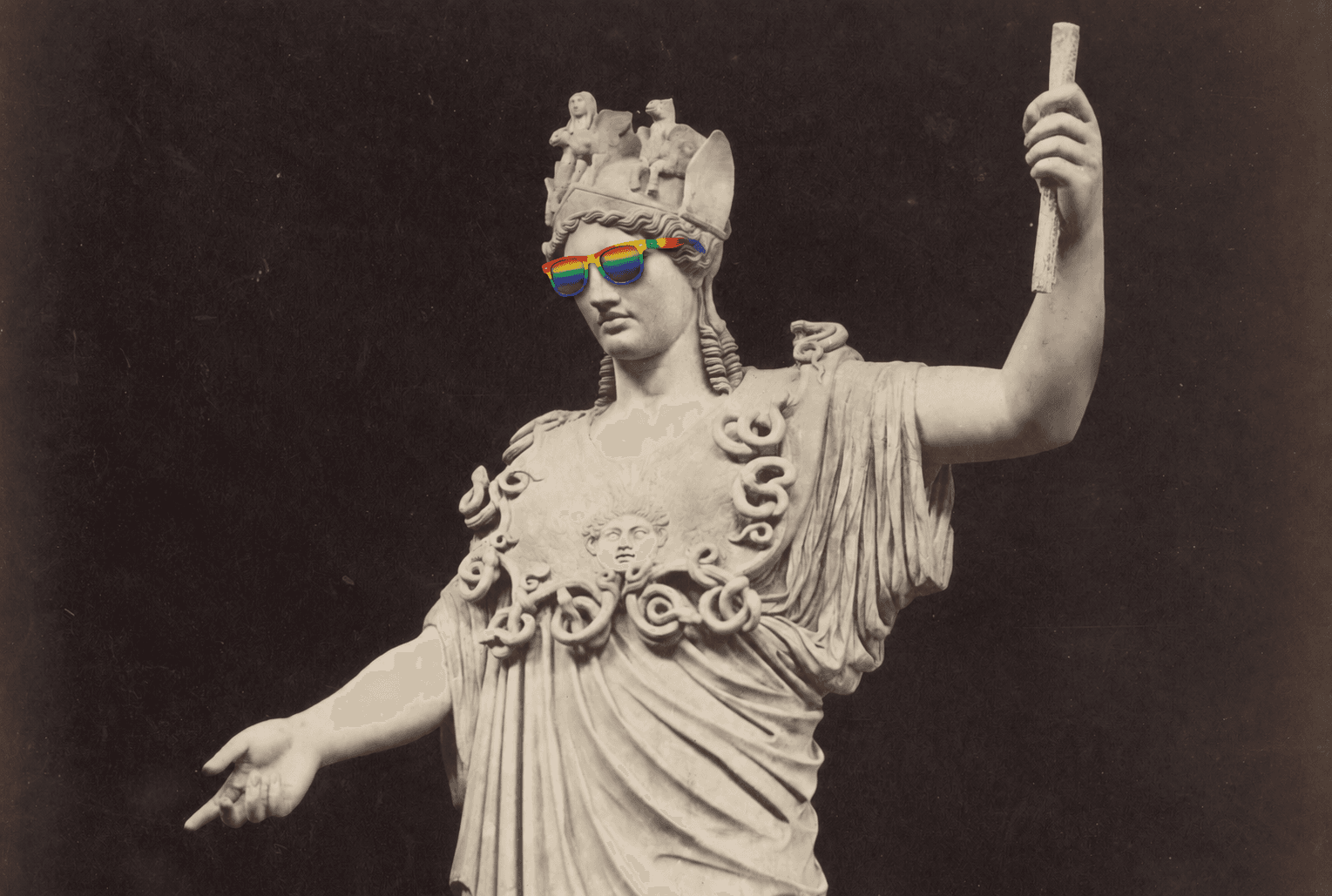 Pallas Athena s dúhovými okuliarmi. Foto Rawpixel/ChatGPT