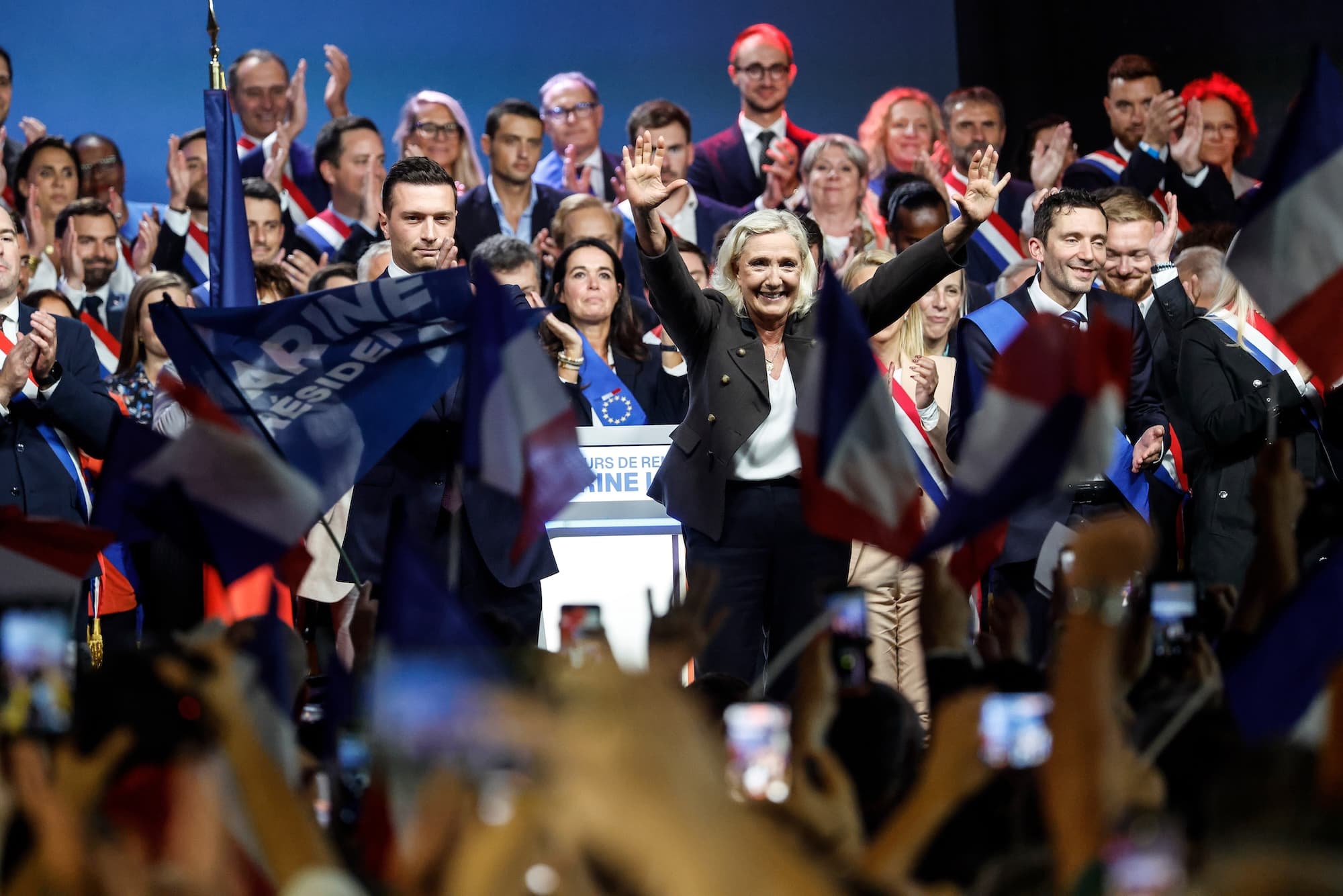 Marine Le Penová po svojom prvom predvolebnom prejave. Foto TASR/AP