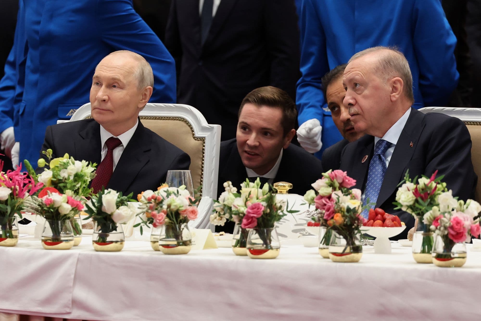 Vladimir Putin a Recep Tayyip Erdogan na samite Šanghajskej organizácie pre spoluprácu v kirgizskom Biškeku 1. septembra 2026. Foto: TASR/AP
