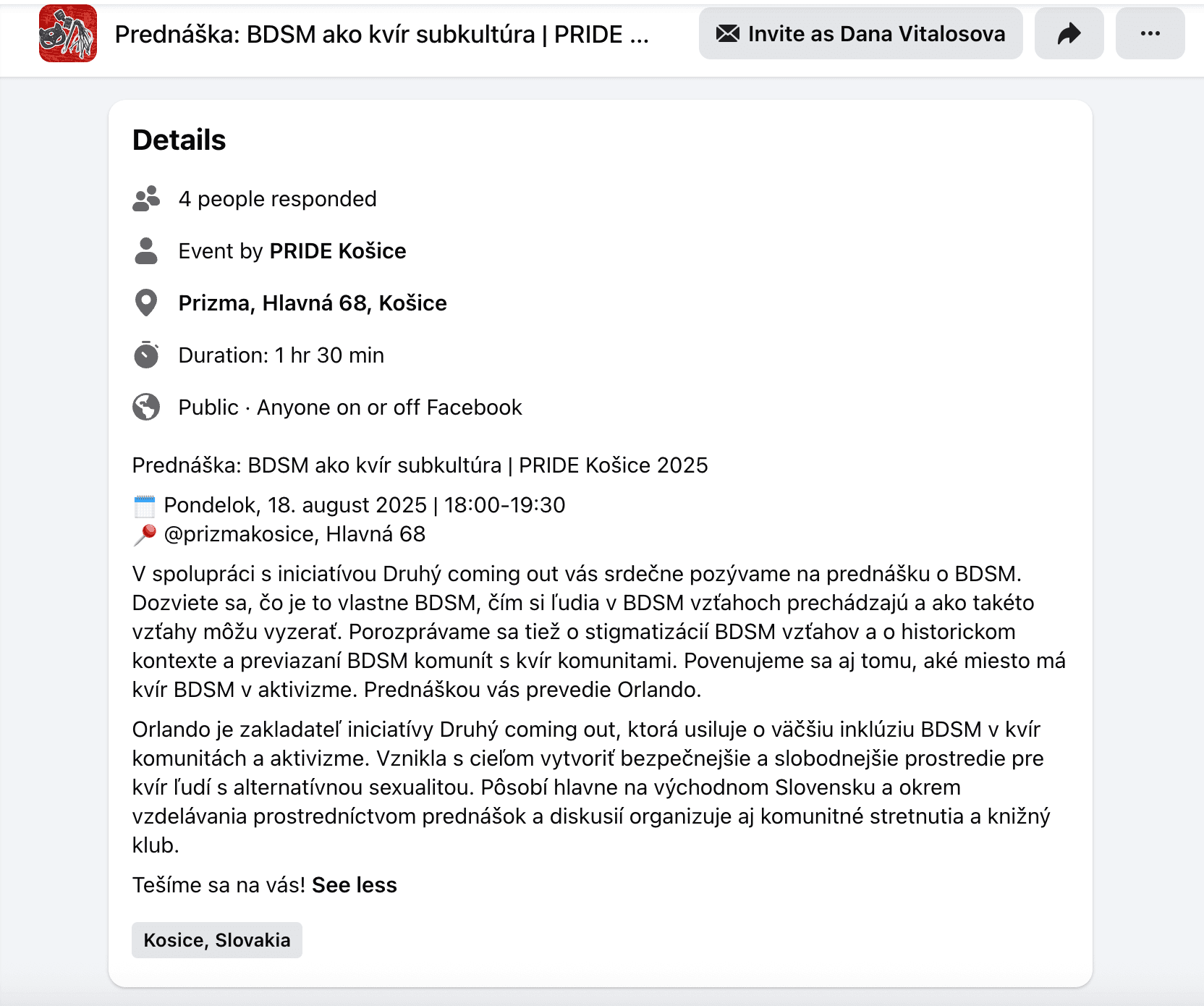 Podujatie "BDSM ako kvír subkultúra" na Facebooku. Žiaden vekový limit. Reprofoto Facebook