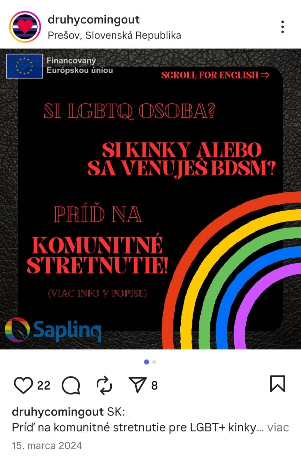 Príspevok na Instagrame projektu Druhý coming out, uverejnený 15. marca 2024, s logom neziskovky Saplinq. Reprofoto Instagram