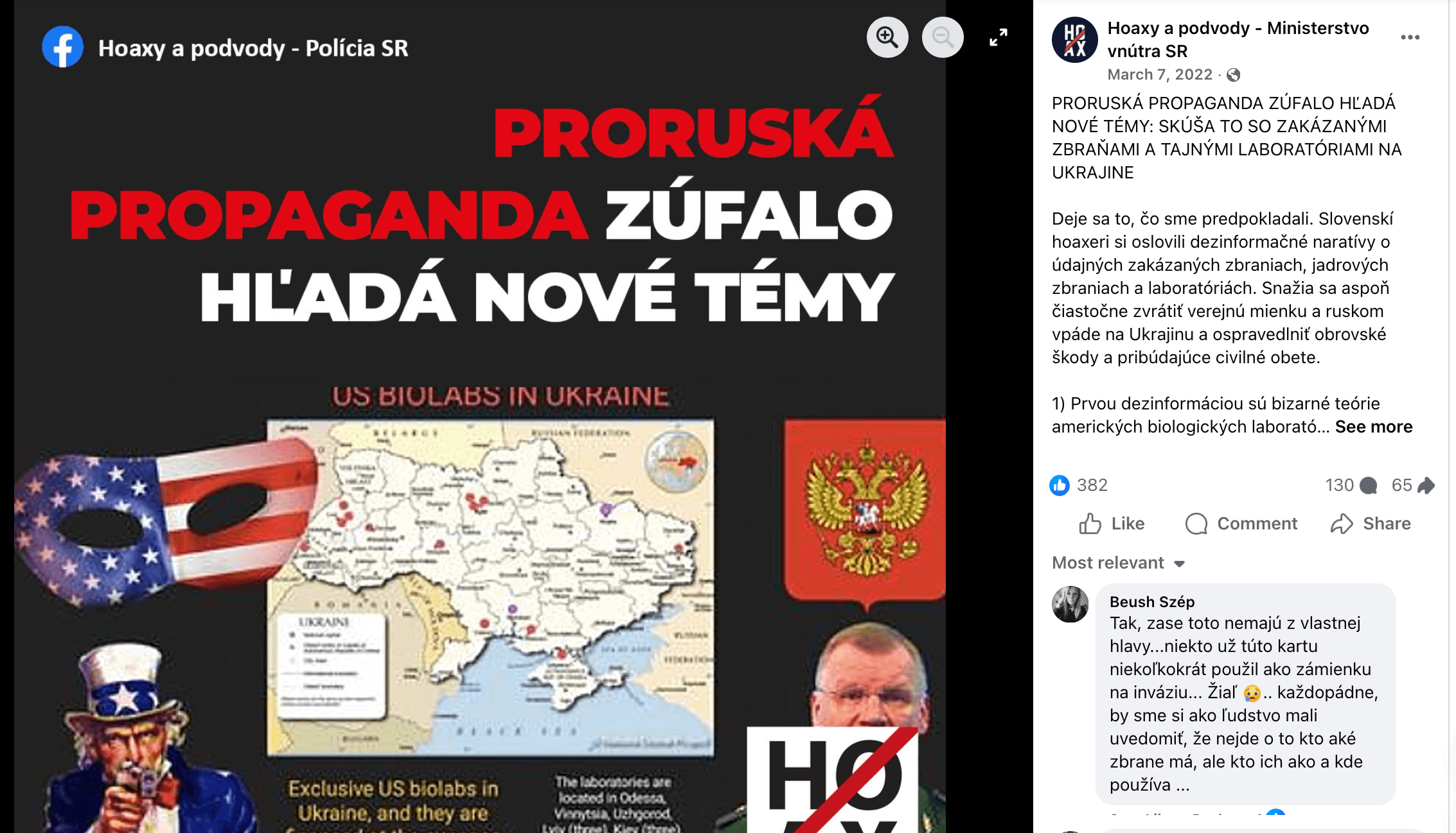 Príspevok na stránke Hoaxy a podvody - Polícia SR zo 7. 3. 2022. Reprofoto Marker