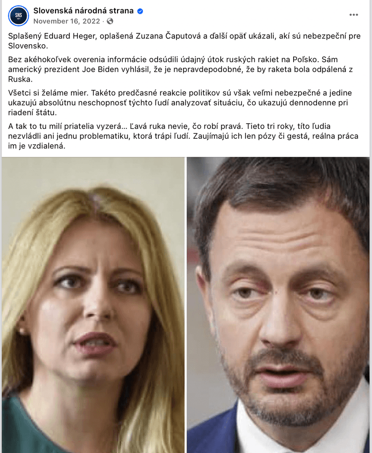 Príspevok Slovenskej národnej strany, ktorý v novembri 2022 nahlásilo SITCEN. Reprofoto Marker