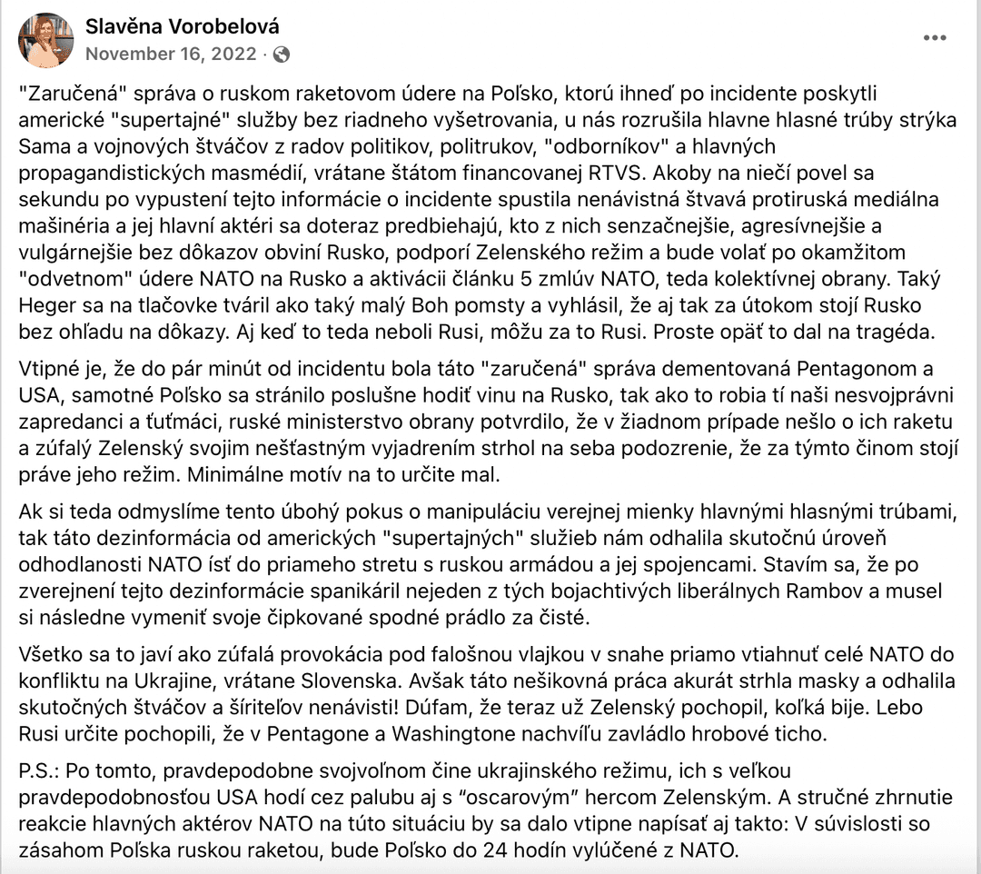 Príspevok Slavěny Vorobelovej, ktorý do tabuľky vpísalo SITCEN a Facebooku ho nahlásila RpMS. Reprofoto Marker
