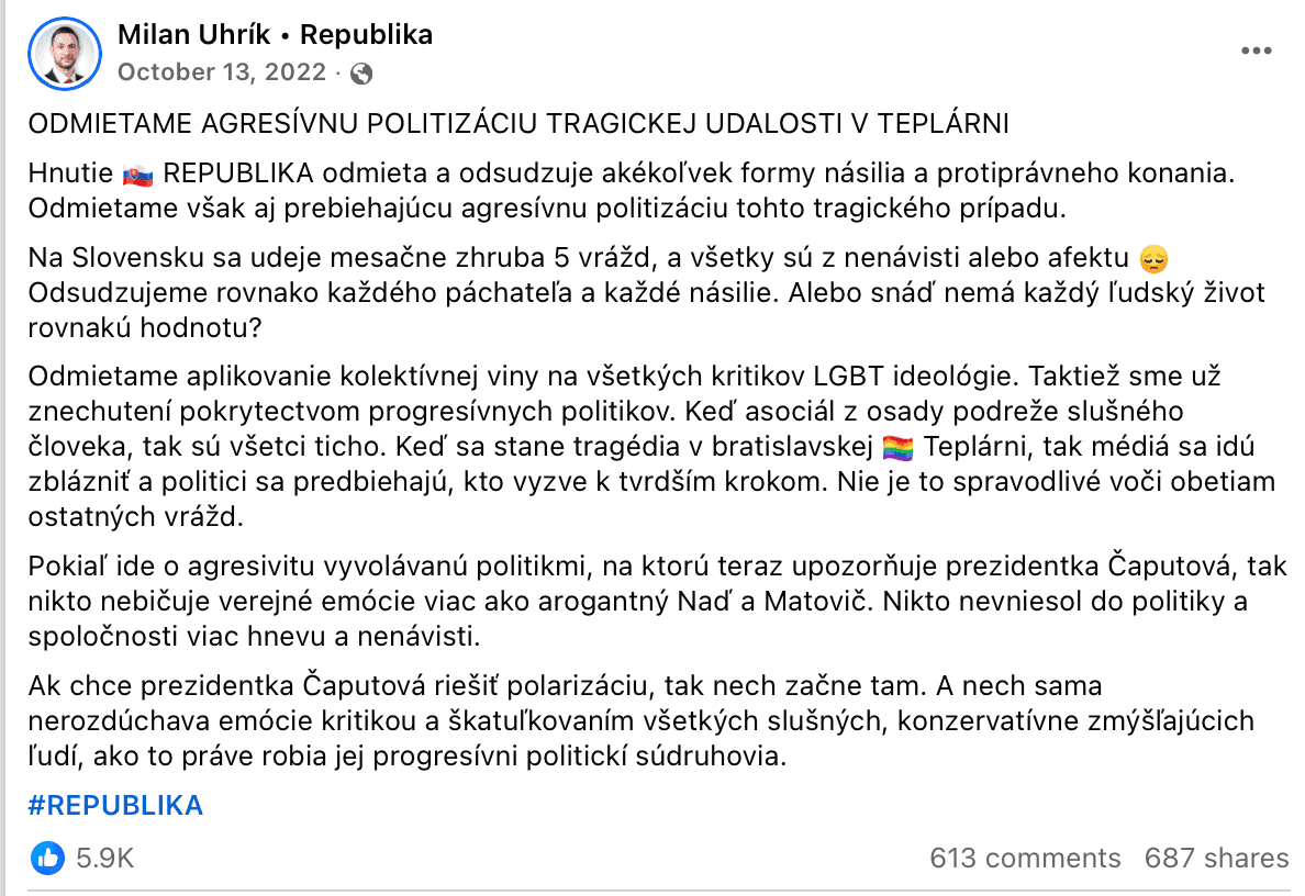Príspevok, ktorý nahlásila RpMS Facebooku v októbri 2022, pričom ho označila za nenávistný prejav. Reprofoto Marker