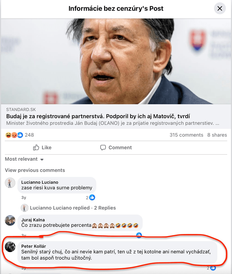 Komentár (v červenom krúžku), ktorý Facebooku nahlásila RpMS. Reprofoto Marker