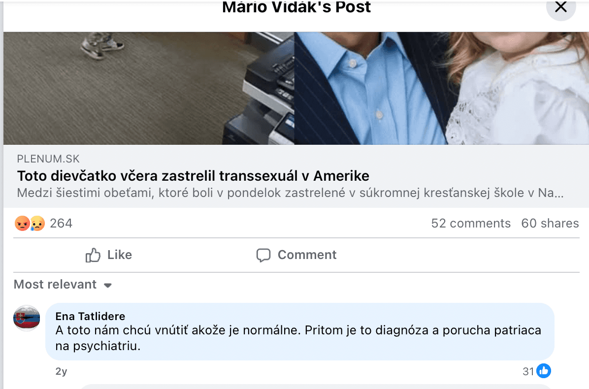 Komentár, ktorý nahlásili úradníci Facebooku. Reprofoto Marker