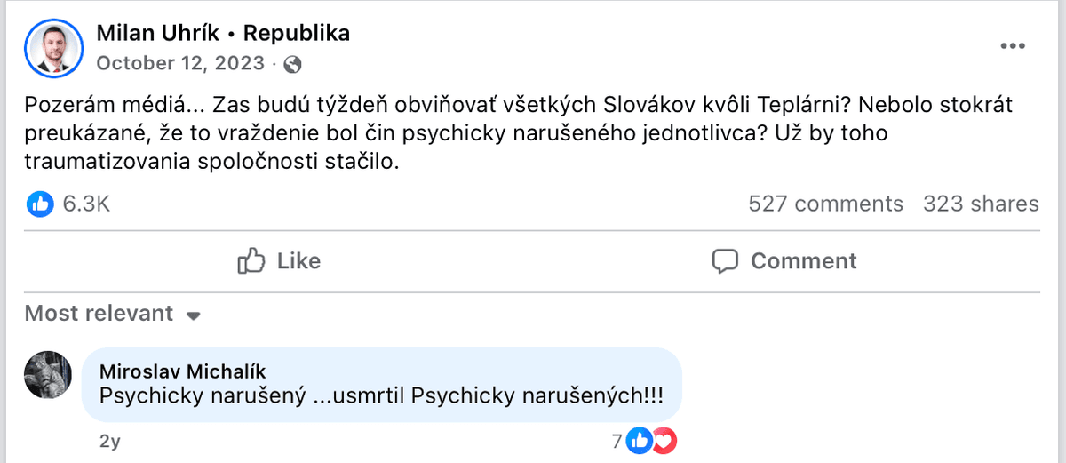 Komentár, ktorý Facebooku nahlásila v októbri 2023 RpMS. Reprofoto Marker