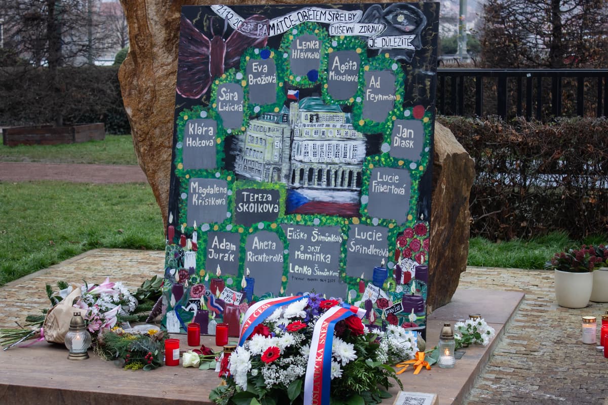 Na snímke obraz zobrazujúci budovu Filozofickej fakulty Univerzity Karlovej a mená obetí, ktoré strelec v decembri 2023 zabil. FOTO:TASR/Barbora Vizváryová