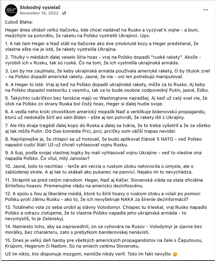 Príspevok s textom Ľuboša Blahu, ktorý úradníci nahlásili Facebooku. Reprofoto Marker
