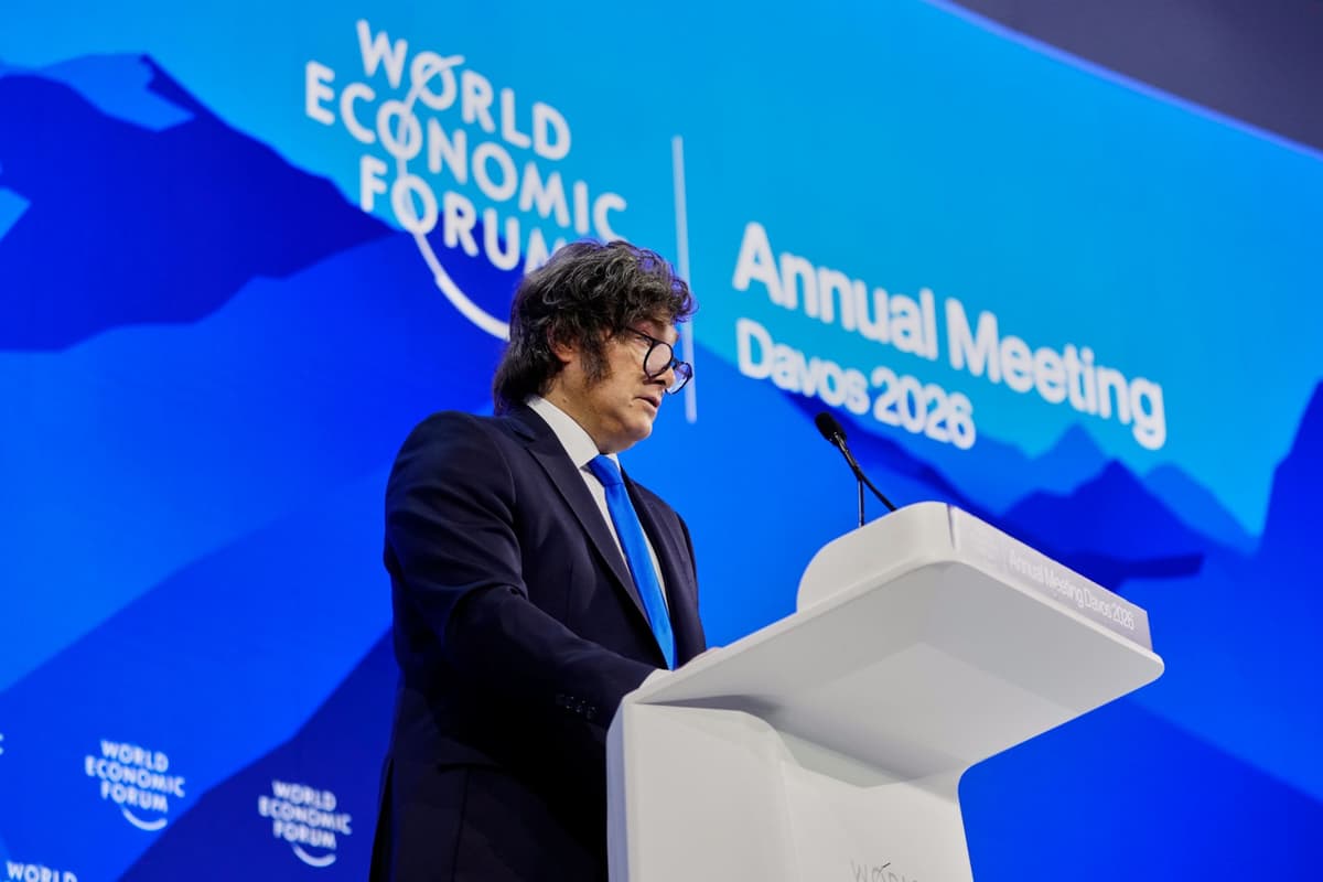 Javier Milei rozpráva počas výročného stretnutia 56. Svetového ekonomického fóra (WEF) vo švajčiarskom Davose 21. januára 2026. Foto: TASR/AP