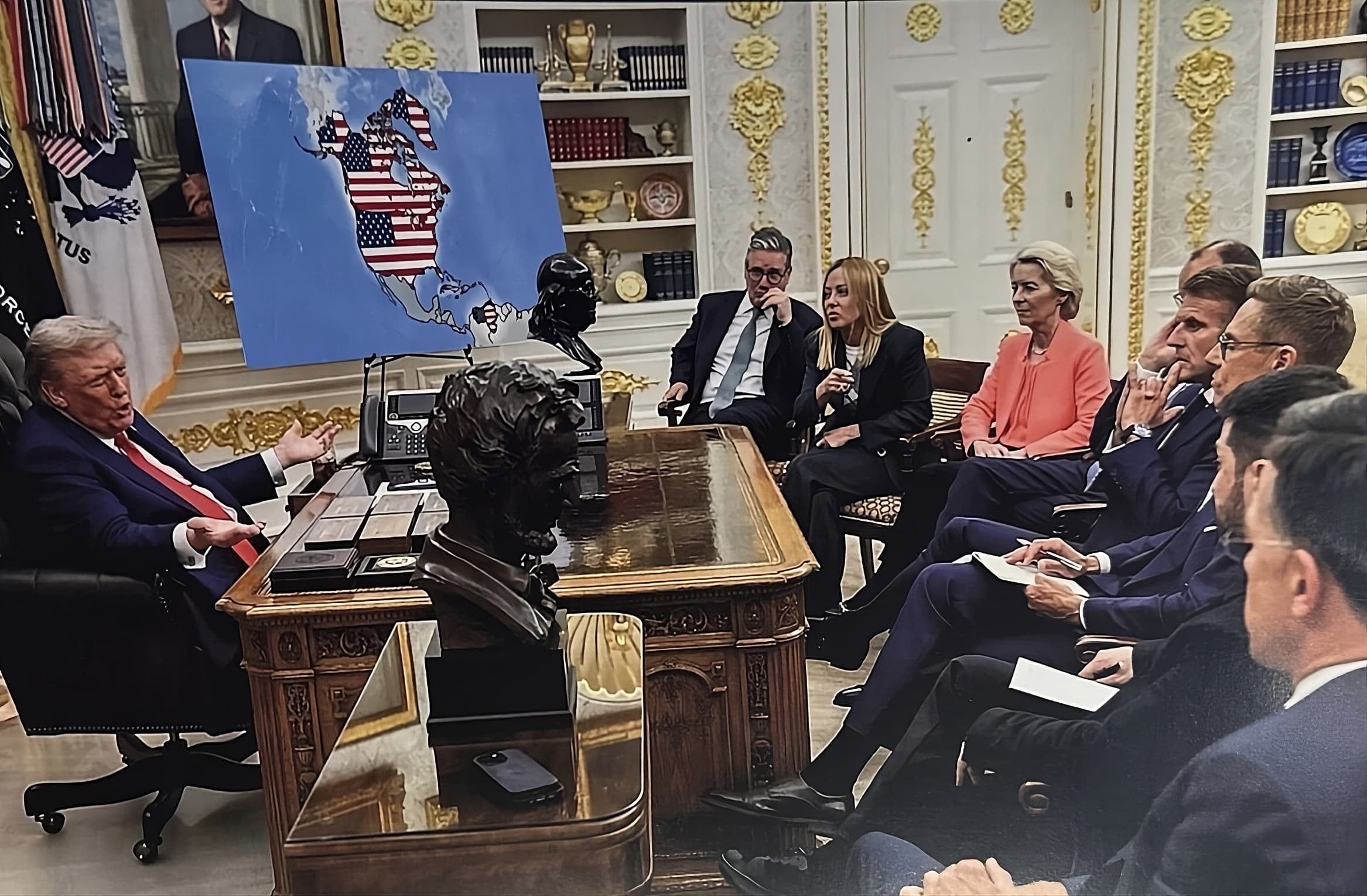 Umelou inteligenciou upravená fotografia Donalda Trumpa s európskymi lídramia a mapou anektovaných území Kanady a Grónska. Zdroj: Truth Social