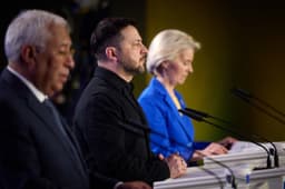 Ursula von der Leyenová, Volodymyr Zelenskyj a Antonio Costa v Kyjeve. Foto: Ukraine Presidency via Bestimage / Bestimage / Profimedia