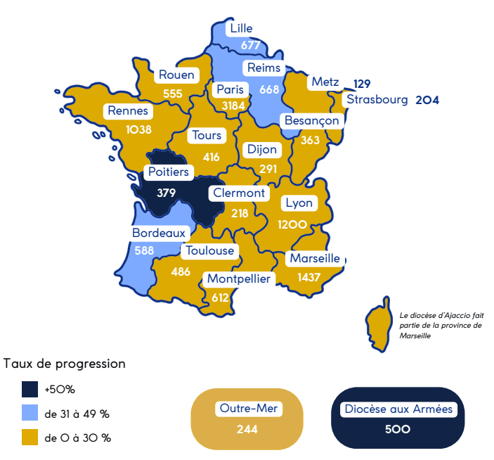 Počet katechumenov v jednotlivých diecézach vo Francúzsku. Zdroj: catechese.catholique.fr